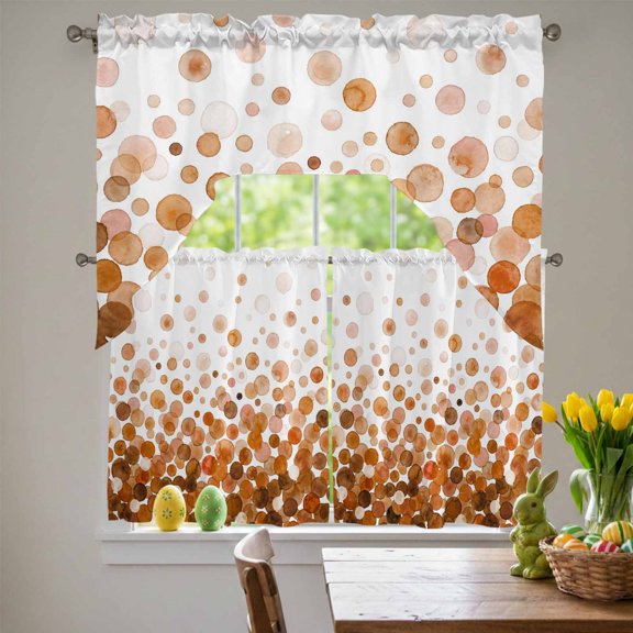 Brown Polka Dots Swag Curtains Valance & Tier Set, Watercolor Abstract Art Gradients 3 Pcs Set Kitchen Swag Valances and Tiers 36 Inch Length Rod Pocket Curtain Drapes for Bedroom