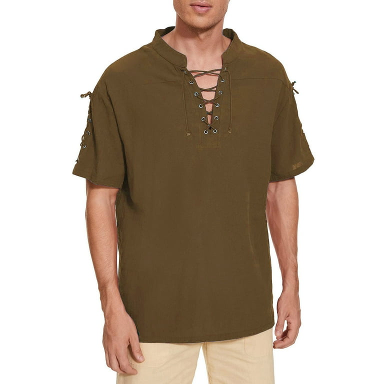 Brown Polo Shirts For Men Men'S V Neck Vintage Lace Up Tie Short Sleeve Gothic T Shirt