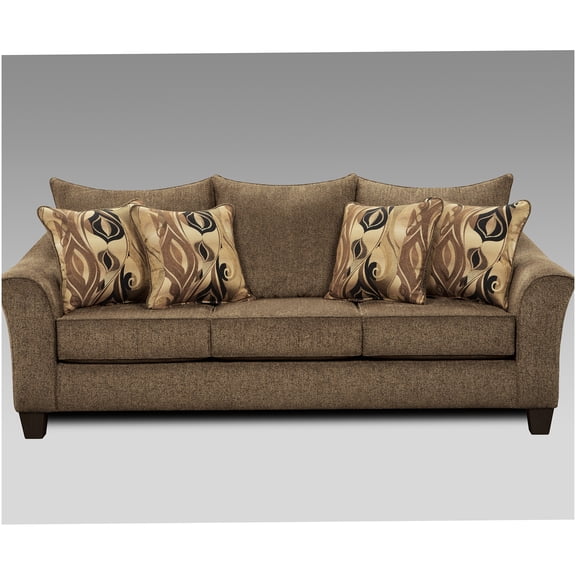 Brown Polyester Pillowback Sofa for Living Room, 3-Seater Textured Fabric Couch with Accent Pillows