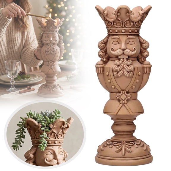 Brown Polyresin Nutcracker Christmas Pillar Candle Holder, Polyresin Pillar Candle Stand for Holiday Xmas Home Table Shelf Fireplace Desk Mantel Decor
