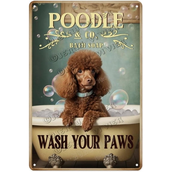Brown Poodle Wash Your Paws Tin Sign Humorous Metal Wall Art for Pet Spa, Dog Grooming Room, or Veterinary Office Gift for Dog Stylists & Poodle Fans 8x12 Inch Wall Sign
