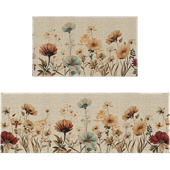 Brown Poppy Floral Kitchen Rugs Sets of 2 Non Slip Spring Summer Flowers Leaves Kitchen Mats for Floor with Rubber Backing Washable Kitchen Runner Rug Carpet 17"x47"+17"x30" for Hallway Laundry