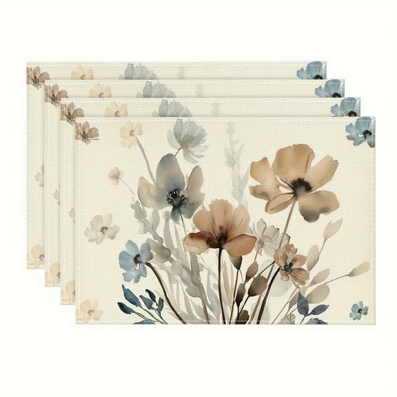 Brown Poppy Floral Leaves Fall Placemats Set of 4, 12x18 Inch Seasonal Spring Table Mats for Party Kitchen Dining Decoration