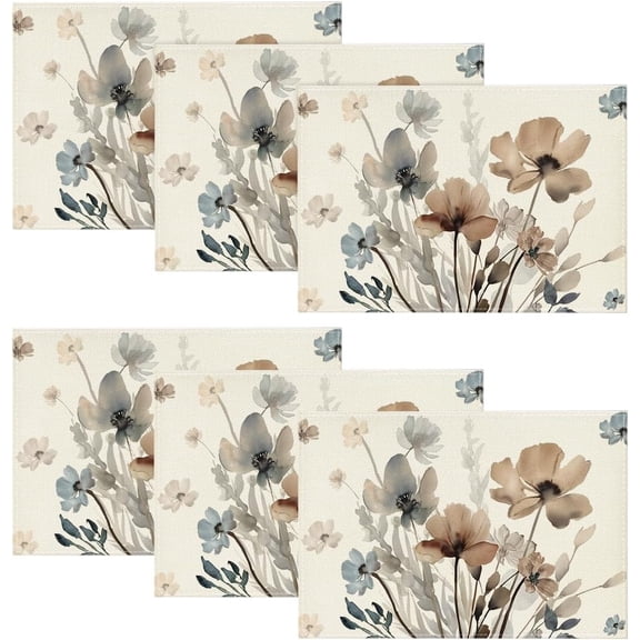 Brown Poppy Floral Leaves Placemats Set of 6, 12x18 Inch Seasonal Summer Table Mats for Party Kitchen Dining Decoration