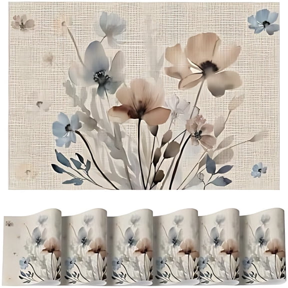Brown Poppy Floral Vinyl Spring Placemats Set of 6, Wipeable Plastic Woven PVC Table Mats for Party Kitchen Dining Decor, 12x18 Inch