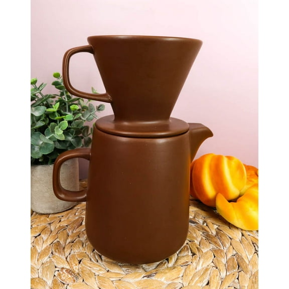 Brown Porcelain Coffee Maker Carafe Pot With Pour Over Dripper Filter Cup Set