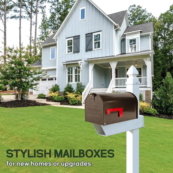 Brown Post Mount Mailbox, Galvanized Steel Medium Capacity Outdoor Mail Box with Flag for House Front Yard