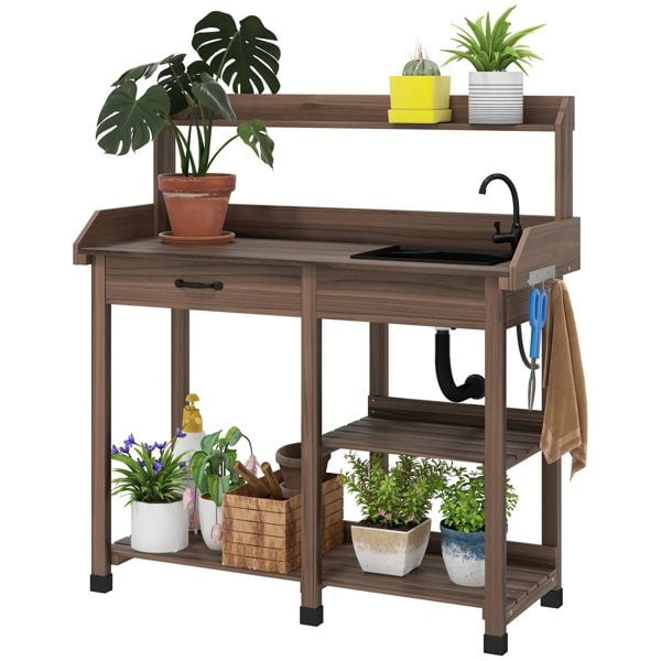 Brown Potting Bench Table, Outdoor Garden Table with Removable Sink and ...