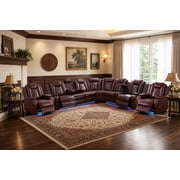 Brown Power Recliner Sofa Set Sectional with LED Light for Living Room, Air Leather, Cup Holder, Storage Console