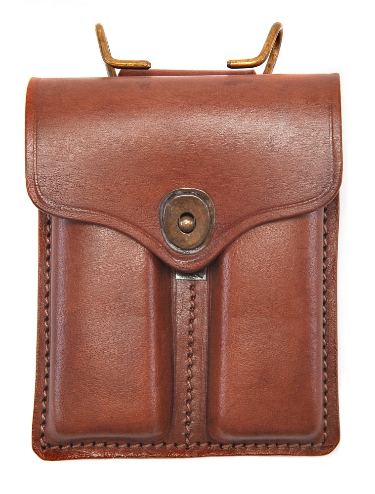Leather Double Magazine Pouch For .45 M1911 - Fits USGI 7-Round Magazines, Brown Drum Dyed Leather, With Wire Hanger For Belt
