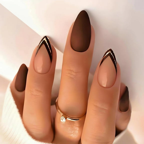 Brown Press on Nails Almond Shape Fake Nails Medium Length Glue on Nails Glossy French Tip False Nails with Designs Cute Winter Fall Artificial Nails Stick on Nails for Women Nail Art, 24Pcs almond