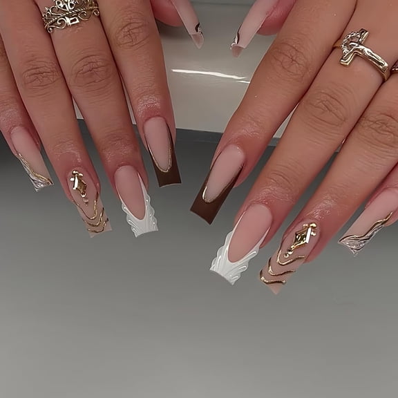 Brown Press on Nails Long Square Fake Nails French Tip False Nails Press ons Fall Stripes Acrylic Nails Matte Full Cover Stick on Nail for Women Manicure Deco 24Pcs