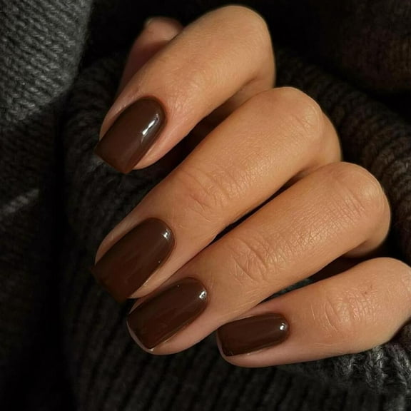 Brown Press On Nails Short Medium Square,Thick Gel Fake Nails Medium,Glossy Pure Colored Acrylic Nails Glue on,Natural Short Coffin Stick on Nails Press ons Suitable For Women Girls Daily Wear