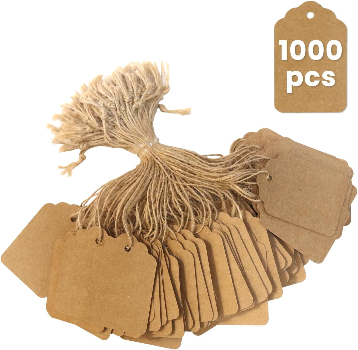 Brown Price Tags with String 1000 PCS, 1.375 x 2.125 Inches, Kraft Paper Hang for Gift Bags, Hanging, Clothing, Jewelry, Garage/Yard Sale, Inventory, 250 GSM