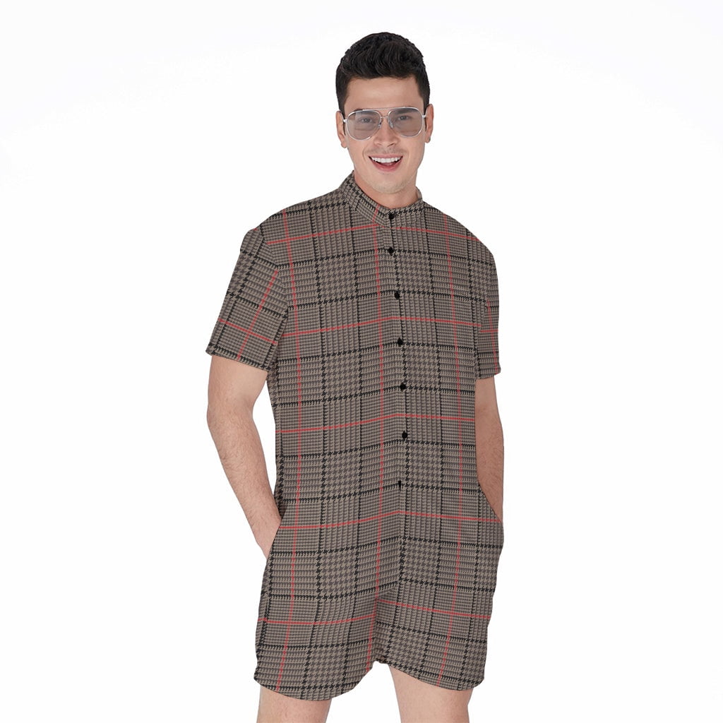 Brown Prince Of Wales Check Short Sleeve Men'S Rompers, Checkered Caro ...