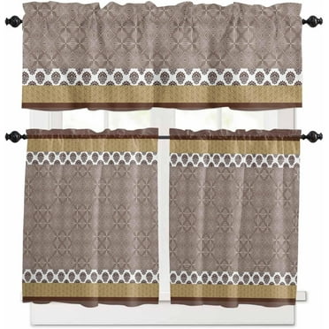 Brown Printed Kitchen Curtains and Valances Set, Rod Pocket Curtains Tier Farmhouse Window Curtains 24 Inch Length, Vintage Geometric Bohemian Tribal 3 Piece Kitchen Curtains Set