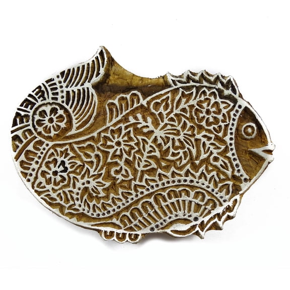 Brown Printing Block Hand Carved Wooden Fish Textile Printing Stamp Block Print