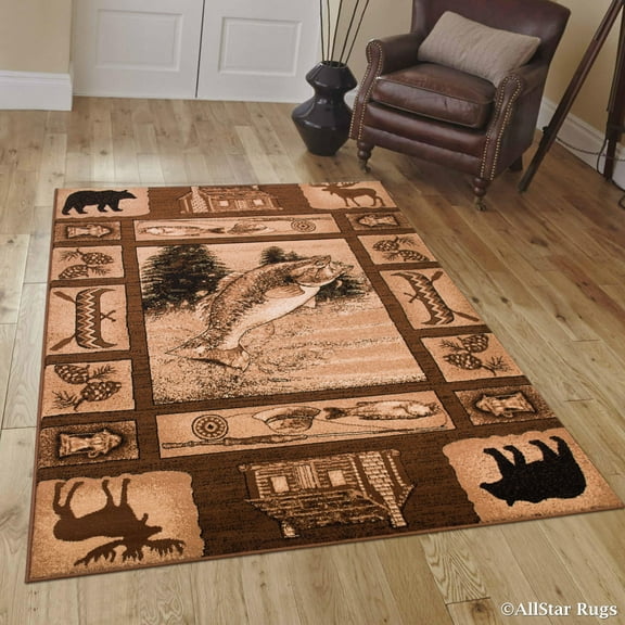Brown Prints Fish Acorns Bear Cabin Moose Wildlife Area Rug (3' 9" x 5' 1")