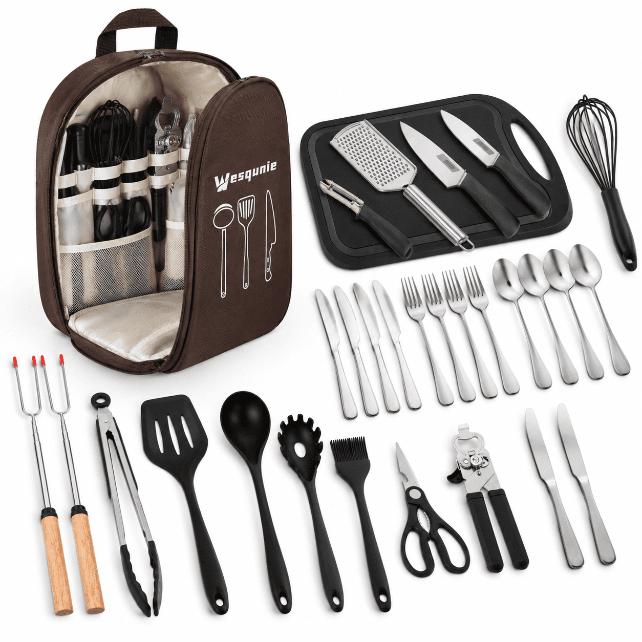 Brown Pro Camping Mess Kit, 30-Piece Stainless Steel and Silicone ...