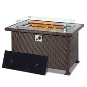 Brown Propane Fire Table, Indoor Fire Pit with Wind Guard ,Tabletop Fireplace Rattan Table 50,000 BTU