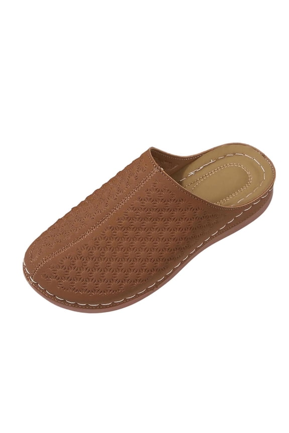 Brown Pu Round Toe Platform Wedge Slippers For Women Casual Outdoor And Indoor Wear With Hollow Design And Thick Sole Heel Height 1.77 Inches In Brown Size 37 Us 6 Foot Length 9.25 Inches