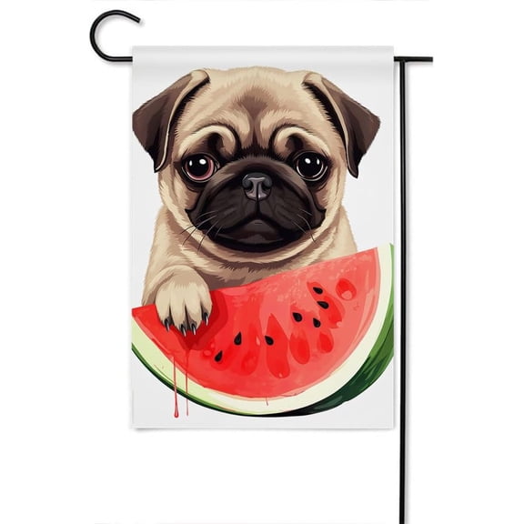 Brown Pug Dog Red Watermelon Welcome Garden Flag 12x18 Inch Double Sided Seasonal Yard Burlap Banners Outdoor Flag for Men Women
