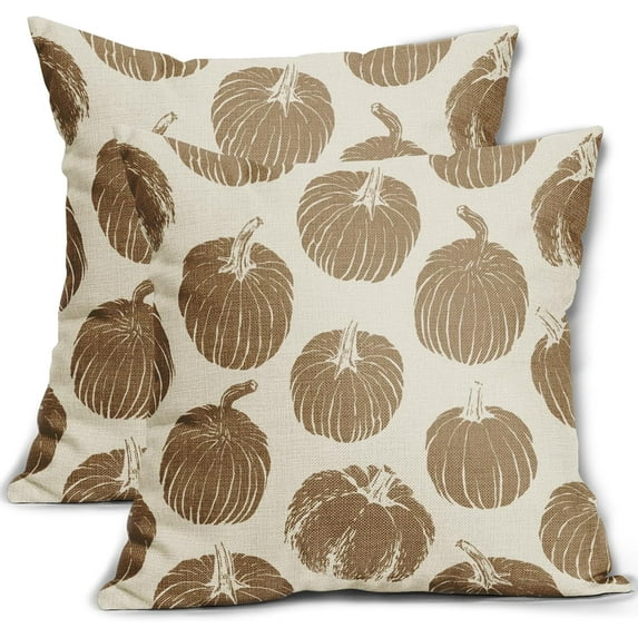 Brown Pumpkin Fall Pillow Covers 18x18 Set of 2 Autumn Harvest Print Thanksgiving Decorative Throw Pillows Outdoor Farmhouse Cushion Case Seasonal Decor for Couch Sofa Bed
