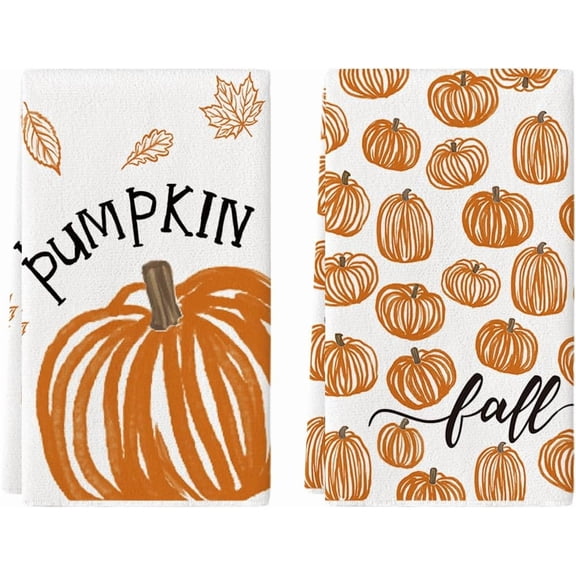 Brown Pumpkin Maple Leaves Fall Kitchen Towels Dish Towels, 18x26 Inch Farmhouse Autumn Thanksgiving Decoration Cleaning Set of 2