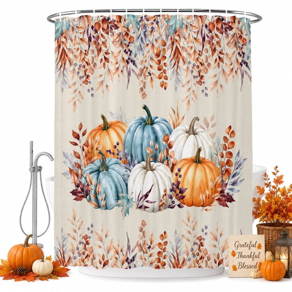Brown Pumpkins Fall Shower Curtain, Waterproof Shower Curtains for Bathroom, Thanksgiving Eucalyptus Leaves Autumn Rustic Washable Fabric Bathtub Curtain Set Bath Decor with 12 Hooks 48"x72"