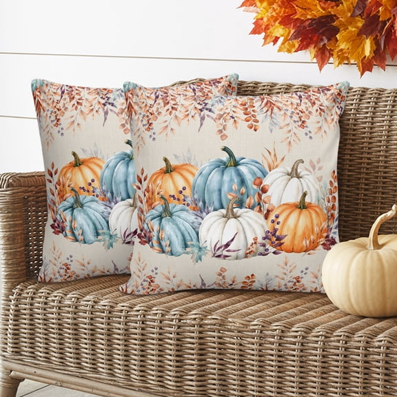 Brown Pumpkins Fall Throw Pillow Covers 26x26 Inch Set of 2, Thanksgiving Eucalyptus Leaves Autumn Rustic Waterproof Outdoor Pillow Covers, Decorative Cushion Pillowcases for Couch, Sofa, Bed, Patio