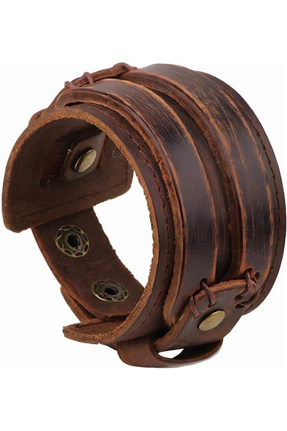 Brown Punk Genuine Leather Wrap Wristband Gothic Wide Cowhide Leather Cuff Bracelet Adjustable Handmad Bangle Arm Armor with Snap Button Clasp for Men Women Costume Party diy