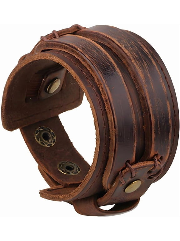 Brown Punk Genuine Leather Wrap Wristband Gothic Wide Cowhide Leather Cuff Bracelet Adjustable Handmad Bangle Arm Armor with Snap Button Clasp for Men Women Costume Party diy