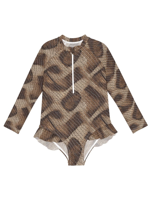 Brown Python Leather One-Piece Swimsuit Long Sleeve UV Sun Protection UPF50+ Rashguard Front Zip Quick-Dry Swimwear for 3-12 Years