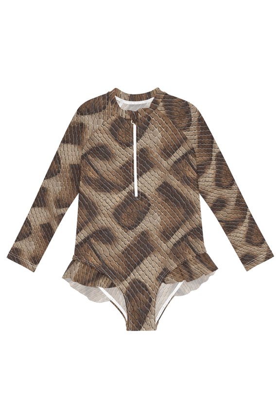 Brown Python Leather One-Piece Swimsuit Long Sleeve UV Sun Protection UPF50+ Rashguard Front Zip Quick-Dry Swimwear for 3-12 Years