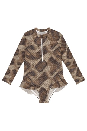 Brown Python Leather One-Piece Swimsuit Long Sleeve UV Sun Protection UPF50+ Rashguard Front Zip Quick-Dry Swimwear for 3-12 Years