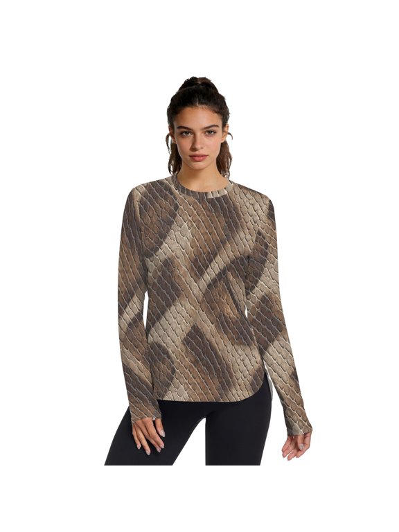 Brown Python Leather Women UPF 50+ UV Shirts Long Sleeve with Thumb Holes Workout Sun Shirt Quick Dry Athletic Hiking Tops
