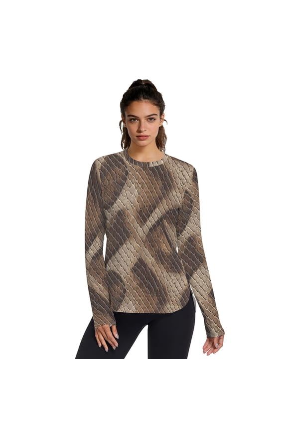 Brown Python Leather Women UPF 50+ UV Shirts Long Sleeve with Thumb Holes Workout Sun Shirt Quick Dry Athletic Hiking Tops