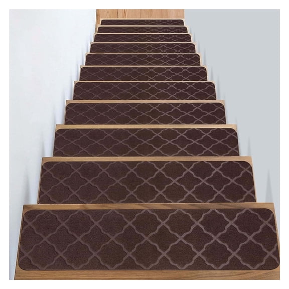 Brown Quatrefoil Textured Carpet Stair Treads, 30 Inch x 8 Inch, Set of 15 Self Adhesive Non Slip Step Covers for Indoor Wooden Stairway Safety Protection