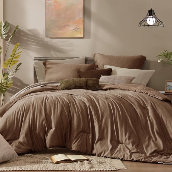 Brown Queen 7-Piece Cationic Dyeing Bed-in-a-Bag Bedding Set