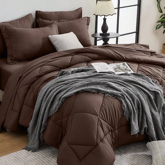 Brown Queen Comforter Set - 7-Piece All Season Bed in a Bag Queen Ultra Soft Bedding Set with Comforter Flat Sheet Fitted Sheet Pillowcases Pillow Shams