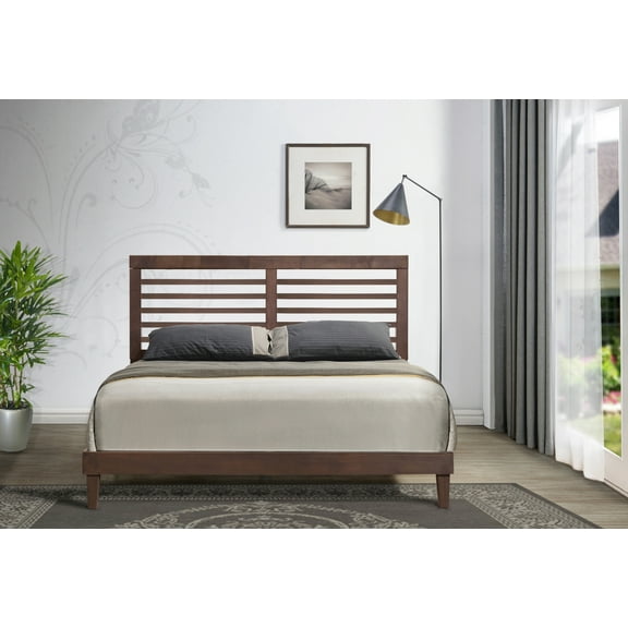 Brown Queen Rubberwood and MDF Wooden Platform Bed (Fully Slated)