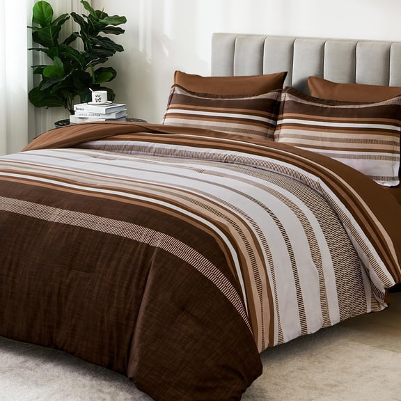 Brown Queen Size 7 Piece Boho Striped Bed-in-a-Bag Bedding Set