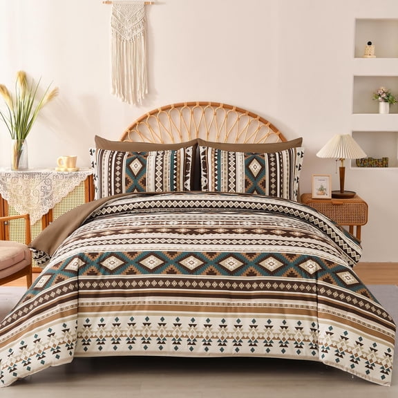 Brown Queen Size 7 Piece Bed-in-a-Bag Bohemian Geometric Striped Bedding Set