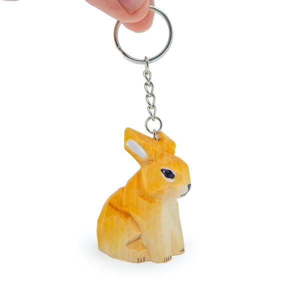 Brown Rabbit Bunny Keychain Ring Hook Clip Charm Miniature Wood Mini Figurine Small Animal