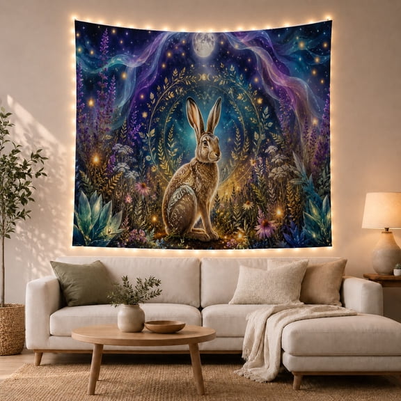 Brown Rabbit in a Golden Wreath with a Full Moon, Mystical Fantasy for Nature Lovers, Celestial Garden Art Decor, Housewarming Gift, Tapestry Wall Hanging for Bedroom and Living Room