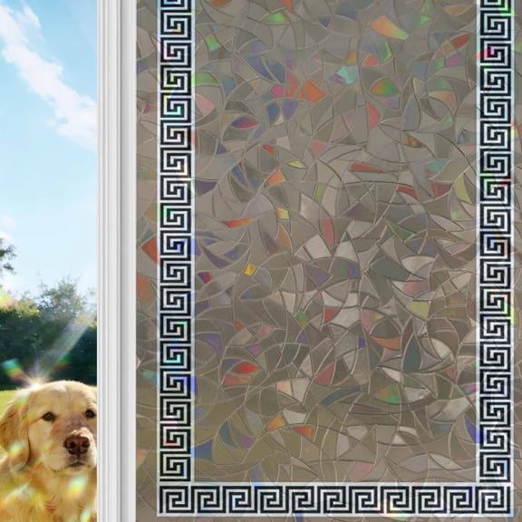 Brown Rainbow Window Privacy Film, Greek Chinese Style Border Geometric Stained Glass Window Film, Sun Blocking Glass Clings Static Cling Non Adhesive Door Stickers 17.7 x 39.3 Inches