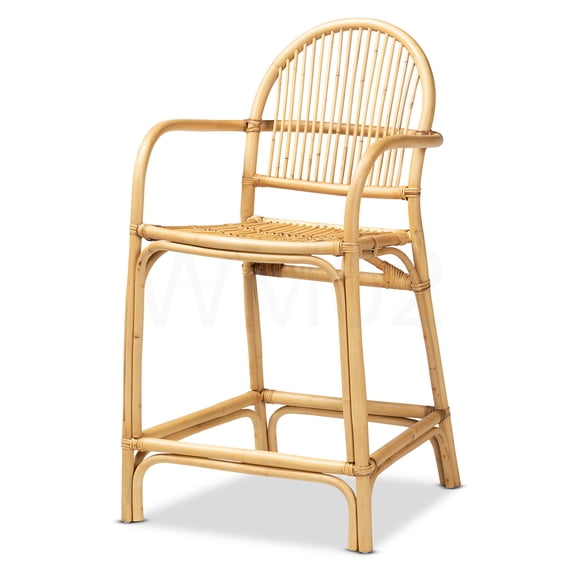 Brown Rattan Counter Stool with Square Arms, Ergonomic Footrest & Crisscross Base - Fully Assembled Bar Stool