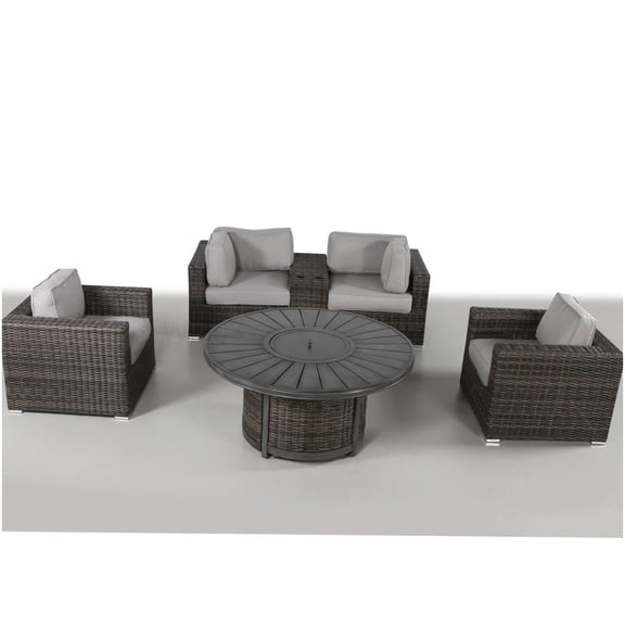 Brown Rattan Outdoor Sofa Set for 4 with Fire Pit Table & Plush Cushions