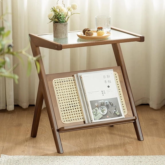 Brown Rattan Side Table with Glass Top & Storage, Boho Accent Bamboo End Desk for Small Spaces