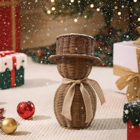 Brown Rattan Snowman Handcrafted Wicker Snowman, Rustic Rattan Christmas Decoration, Winter Table Centerpiece for Home, Farmhouse Kitchen, and Garden Decor 11in
